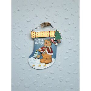 Christmas‎ Winter Blessings Decorative Wooden Stocking Wall Hanging With Bear